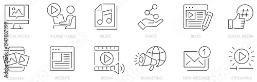Social Media icons. Website. Message. Marketing. Blog. Content. Share. Music. Streaming. Editable stroke. Vector illustration