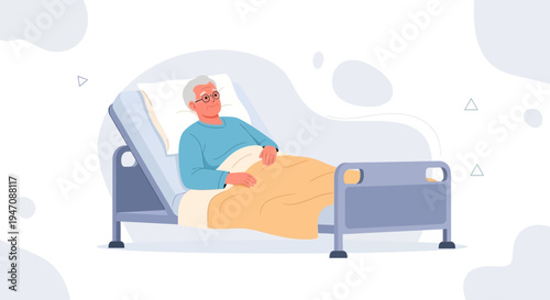 Elderly Man Lying in Hospital Bed, Receiving Care