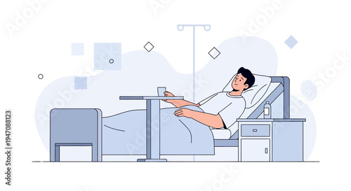 Young Man Recovering in Hospital Bed with IV Drip and Overbed Table