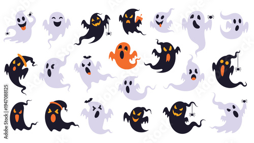 Collection of various cartoon ghost illustrations with different facial expressions for halloween decorations and spooky themes.