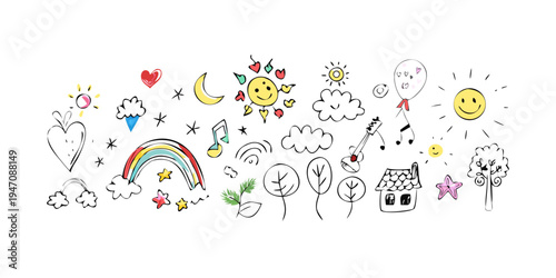 Whimsical doodles of animals, objects, and nature elements in a playful arrangement