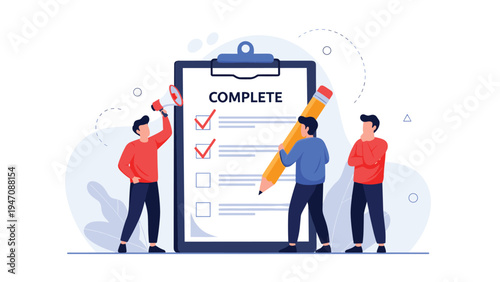 Team of professionals celebrating a successful project completion with a giant checklist and red check marks on a white background.