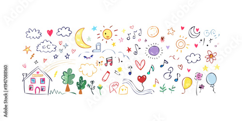 Colorful and diverse icons representing various objects and concepts in a playful manner