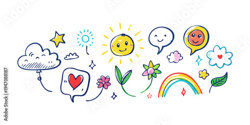 Colorful doodles of various shapes and symbols floating in the sky