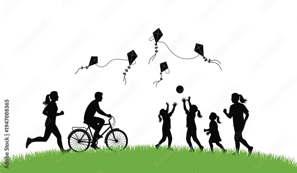 Obraz premium A silhouette illustration of a diverse group of people enjoying various outdoor physical activities