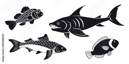 A diverse collection of fish silhouettes showcasing various species and sizes