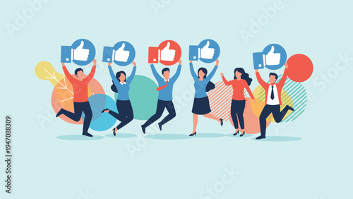 Excited people jumping for joy and holding large social media like icons to celebrate positive feedback and digital engagement.