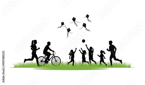 A silhouette illustration of a happy family engaging in various outdoor recreational activities