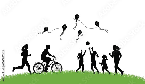A silhouette illustration of a diverse group of people enjoying various outdoor physical activities