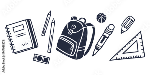A collection of school supplies including a backpack, notebook, and various stationery items.
