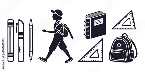 Student with backpack surrounded by school supplies and geometry tools