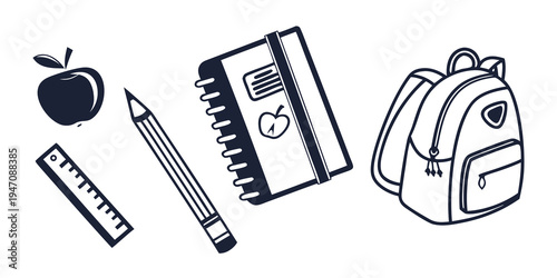 A collection of school supplies including an apple, ruler, pencil, notebook, and backpack.