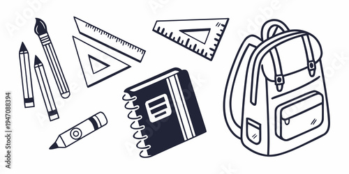 A collection of school supplies including a backpack, notebook, and drawing tools
