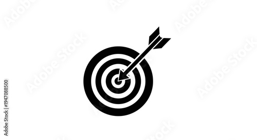 Black target with arrow hitting bullseye on white background
