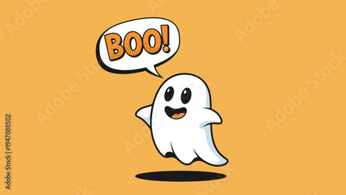 Cute little white ghost saying boo with a speech bubble on a warm orange background for a friendly halloween greeting card.