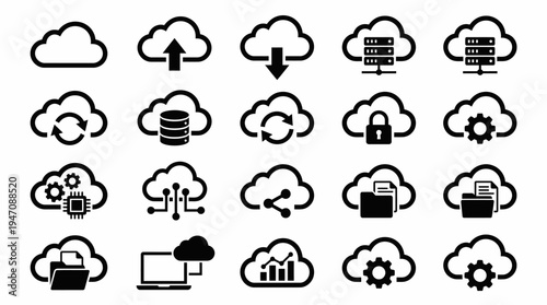 Black technology cloud computing data network icons set