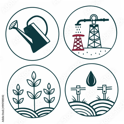 Four circular icons representing different aspects of agriculture and farming.
