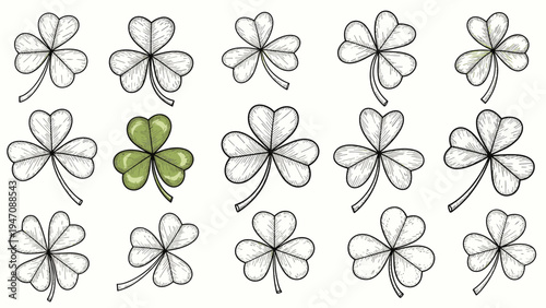 Pattern of hand drawn shamrock sketches with one green clover standing out to symbolize luck and st patricks day celebration.
