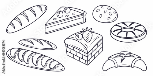Assorted pastries and desserts illustrated in a simple line drawing style