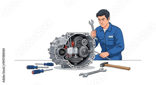 Mechanic with car engine.