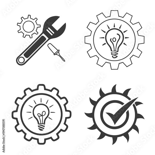 Illustrations of tools and gears representing innovation and achievement