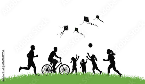 Silhouettes of a diverse group of people enjoying outdoor activities in a park on a sunny summer day