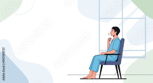 Man in blue scrubs sitting in a chair, looking thoughtful, with abstract shapes and window background.