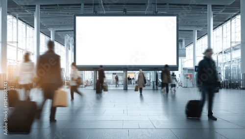 Large Blank Digital Billboard in a Busy Airport Terminal with Travelers.