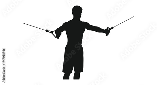 A muscular man performs a cable fly exercise arms extended demonstrating strength and fitness a silhouette high quality