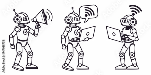 Three robots engaged in various communication activities