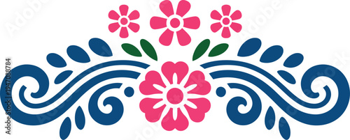 Colorful pink floral pattern with folk art style decoration