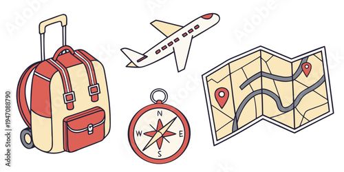 Travel essentials including a suitcase, airplane, compass, and map.