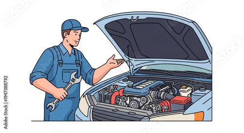 Mechanic with car engine open.