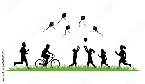 Silhouettes of diverse people enjoying various recreational outdoor activities in a public park area