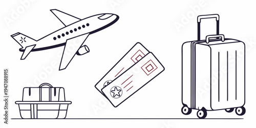 Travel essentials including an airplane, suitcase, and boarding pass