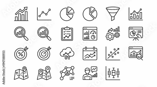 Business data analysis and marketing line icons set