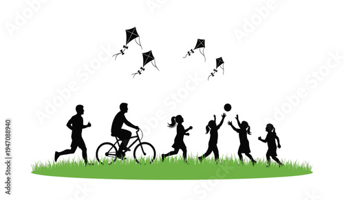 Black silhouettes of diverse people enjoying various outdoor physical activities on a green field