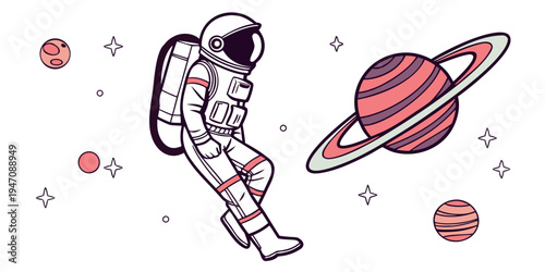 An astronaut floating in space with a planet and a satellite in the background