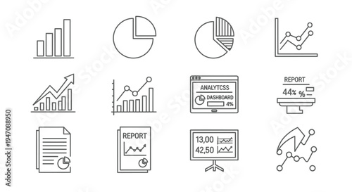 Business data analytics financial charts and reports line icons