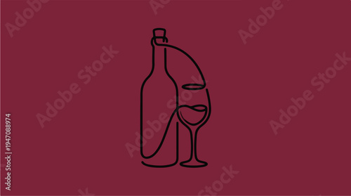 Minimalist Line Art of Wine Bottle and Glass.