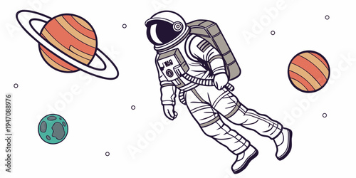 An astronaut floating in space surrounded by various planets and a comet.