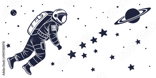 Astronaut floating in space with a planet and stars in the background