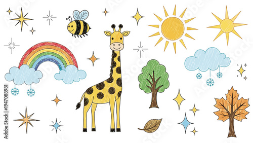 Collection of childish crayon style drawings featuring a giraffe, sun, rainbow, bee, trees, clouds, and stars for kids design.