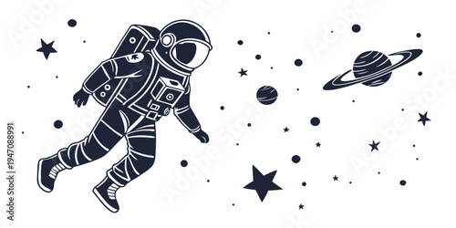 Astronaut floating in space surrounded by celestial objects and stars