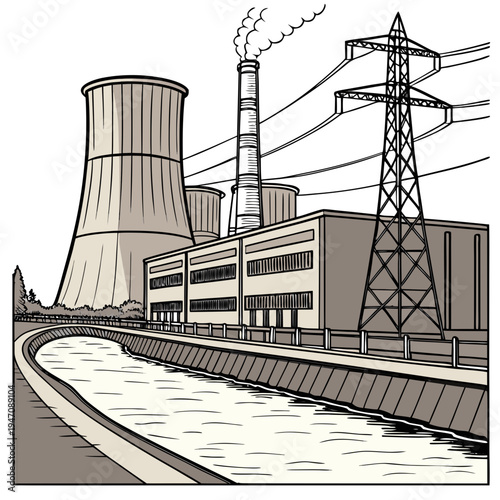 A nuclear power plant with a cooling tower and transmission lines