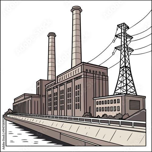 A large industrial power plant with smokestacks