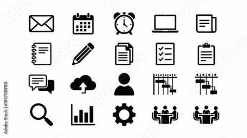 Business office management essential black line icons