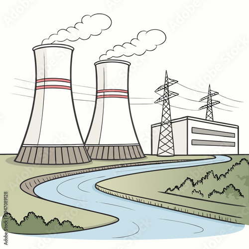 A nuclear power plant with cooling towers