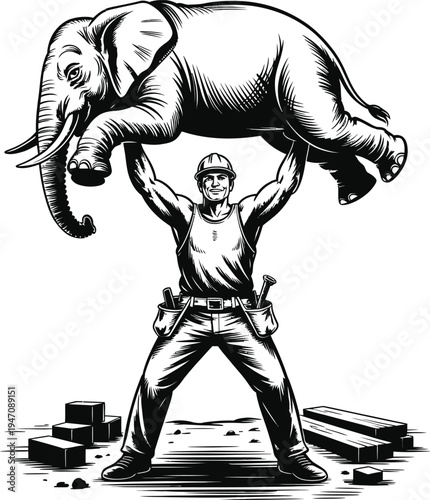 Strong Man Lifting an Elephant Concept Illustration, Symbol of Extreme Strength Power and Mental Will, Circus Strongman or Superhero Achievement Vector Design