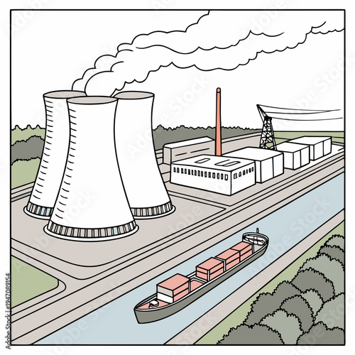 A nuclear power plant with a barge on a river